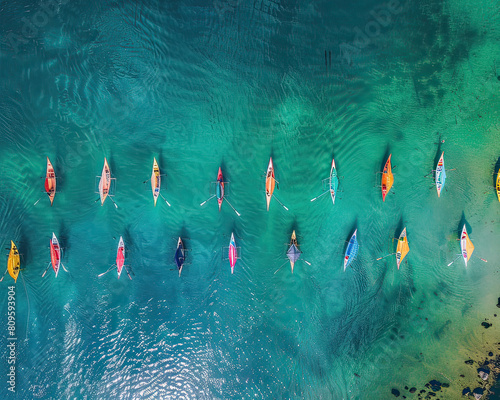 A vibrant display of colorful kayaks arranged on a crystal-clear blue water surface, seen from an aerial perspective. photo