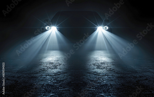 Car headlights flicker in the dark as the sports car switches between LED headlights at night