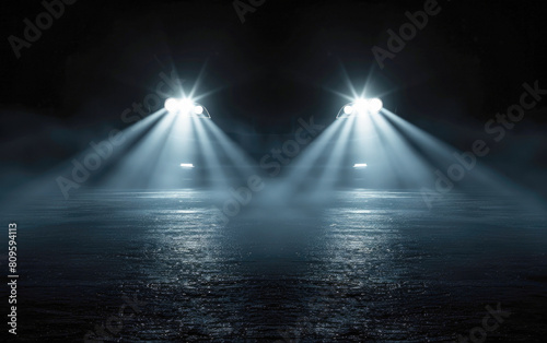 The car's headlight blinks in the darkness, showing the switch of LED headlights on a sports car at night