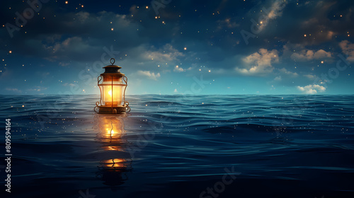 A lantern floats on the calm sea at night