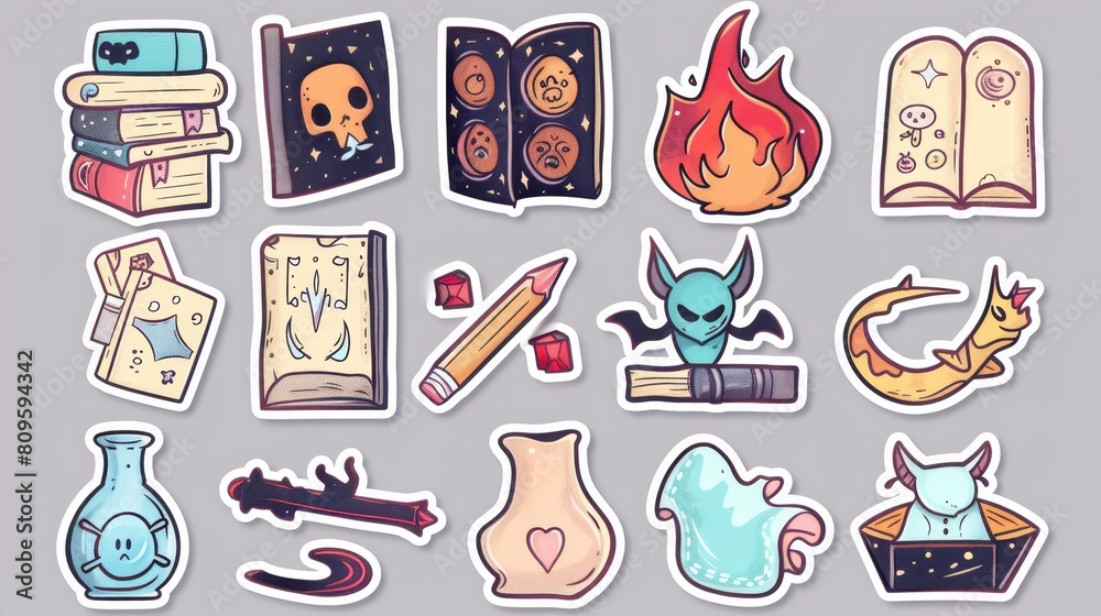 Characteristic Sticker This set of stickers depicts cartoon books, notes, bookmarks and ...