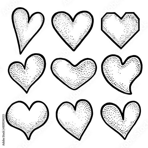 Heart symbol set sketch engraving PNG illustration. Romantic love lovesickness symbol. T-shirt apparel print design. Scratch board imitation. Black and white hand drawn image. photo