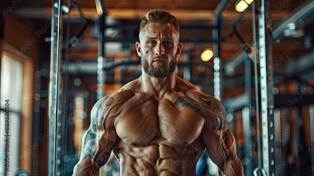 A heavily tattooed muscular man intensely working out at a well-equipped gym.