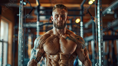 A heavily tattooed muscular man intensely working out at a well-equipped gym.