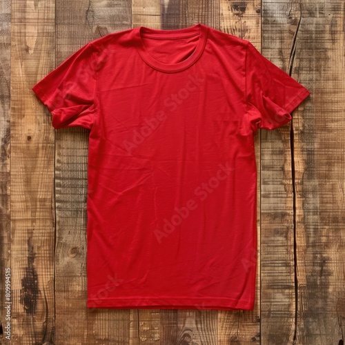 T- shirt mockup on wooden background, Mock up for design and print, FrontRed T-shirt Mockup	