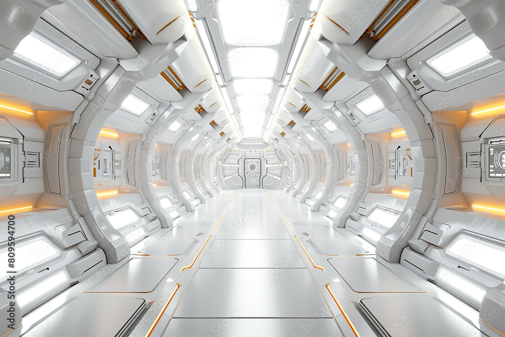 Modern Futuristic Sci Fi Spaceship White Empty Corridor With Door And ...