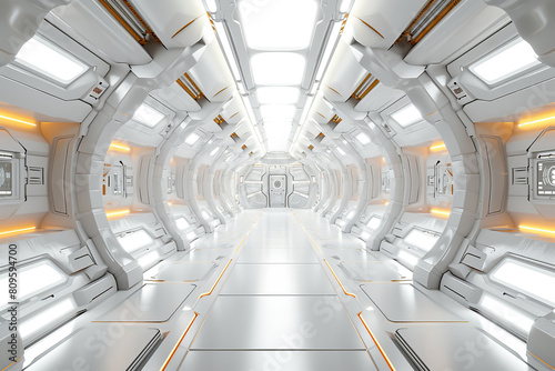 Modern Futuristic Sci Fi Spaceship White Empty Corridor With Door And Orange Neon Glowing Lights. Science background fiction interior rendering sci-fi spaceship corridors yellow light.