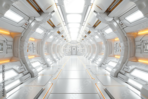 Fototapeta Naklejka Na Ścianę i Meble -  Modern Futuristic Sci Fi Spaceship White Empty Corridor With Door And Orange Neon Glowing Lights. Science background fiction interior rendering sci-fi spaceship corridors yellow light.