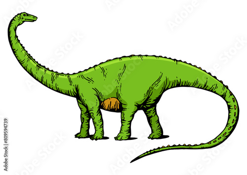 Diplodocus dinosaur prehistoric extinct animal sketch engraving PNG illustration. T-shirt apparel print design. Scratch board imitation. Black and white hand drawn image.