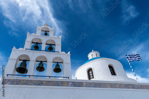 Santorini, Greece, May 4, 2024. Oia, Church of Panagia Akathistos Hymn, bells photo