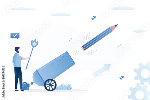 Confident creative man launch new idea by shooting pencil cannon into sky. Launch creativity idea, boost inspiration and challenge, start writing blog, storytelling.