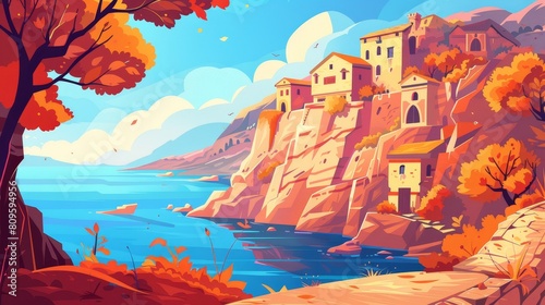 In this autumn landscape there are stone houses on a cliff overlooking the sea  an orange yellow flower bordered by mountains and trees with orange yellow leaves under blue skies.