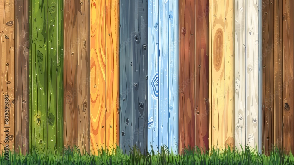 Wooden textures with different color boards. Seamless modern patterns with wood, fences, or floors with green grass between planks.