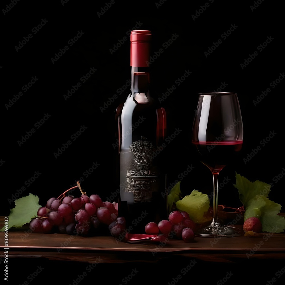 bottle of wine, red green grapes and a filled glas