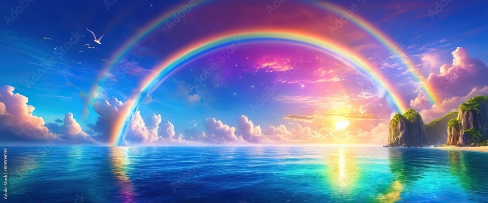 Obraz premium Colorful rainbow and beautiful sky sunset. Ocean reflection. Web banner design