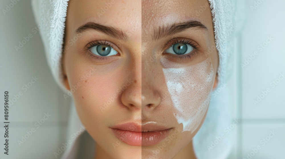 Closeup of a woman's face with half showing clean skin and the other covered in a cleansing mask Closeup of a woman's face with half showing clean skin and the other covered in a cleansing mask