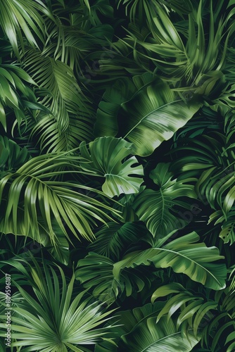 Close up nature view of green tropical palm leaf background. Flat lay tropical leaf wallpaper