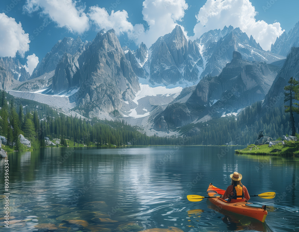 Rear view of kayaker at beautiful landscape background with mountains. Kayaking, canoeing, paddling