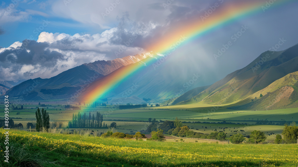 New Zealand's stunning Canterbury region boasts a breathtaking rainbow arching over the picturesque Tasman Valley. New Zealand's stunning Canterbury region boasts a breathtaking rainbow arching over the picturesque Tasman Valley.