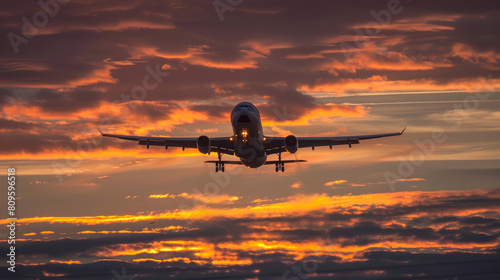 Plane taking off into the sky as the sun sets, casting a warm glow over the clouds. Plane landing at sunset, its lights illuminating the cloudy sky. © Mehran