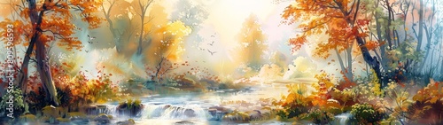 Watercolor style wallpaper babbling brook winds its way through the countryside, its gentle murmur a lullaby for the soul. photo