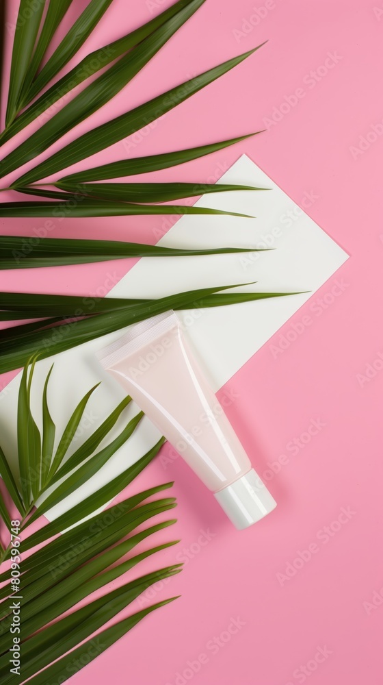 White cream tube mockup of a cosmetic facecare product on light pink background and palm leaf
