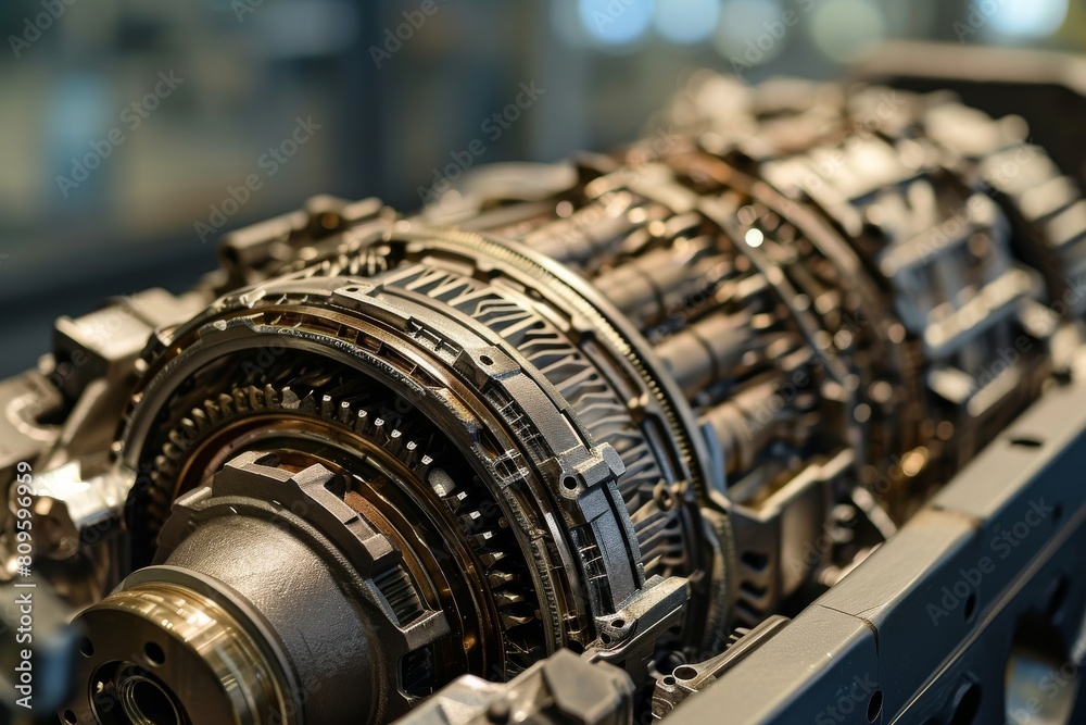 Closeup disassembled car automatic transmission gear part, Closeup disassembled car automatic transmission gear part in garage, AI generated Closeup disassembled car automatic transmission gear part, Closeup disassembled car automatic transmission gear part in garage, AI generated
