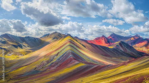Peru's Rainbow Mountain, Vinicunca, is a breathtaking geological wonder known for its vibrant, colorful slopes. This natural marvel offers a breathtaking sight, attracting visitors from far and wide. photo