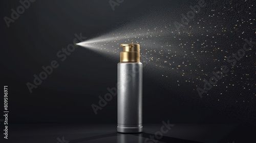 Aerosol bottle with jet of water, deodorant, insecticide, or hairspray. Modern illustration of realistic 3d silver and gold atomizer can isolated on black.