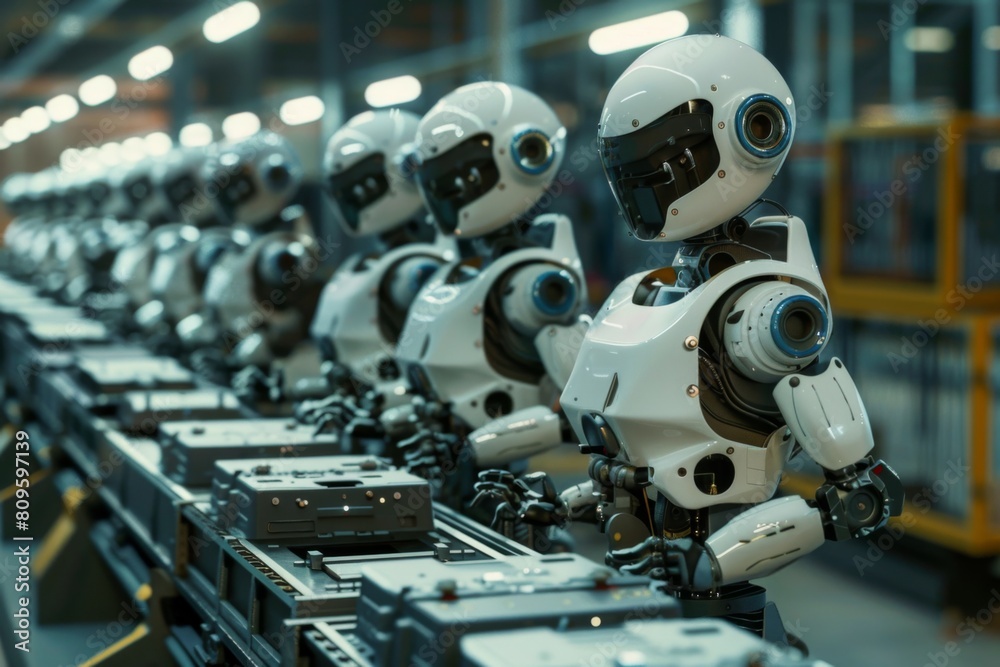Robots assembling products on factory production line Robots assembling products on factory production line