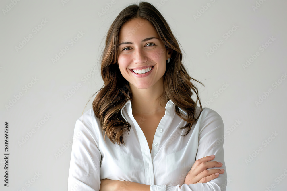 Cheerful businesswoman in white shirt with confident smile Cheerful businesswoman in white shirt with confident smile