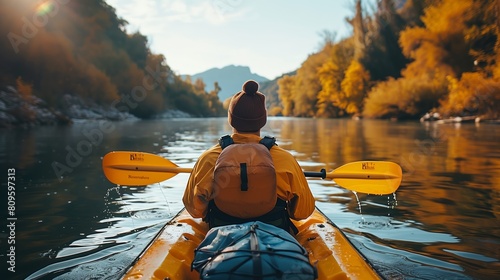 Rear view of woman meeting sunset on kayaks on lake with beautil landscape in backgrounds photo