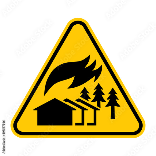 Large scale fire zone warning sign. Vector illustration of yellow triangle sign with houses, trees and windblown flames icon inside. Risk of fire. Danger area. Caution symbol.