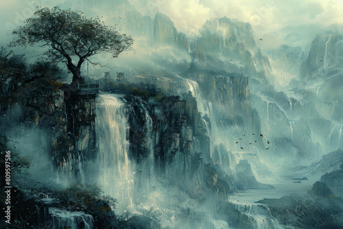Mystical Chinese landscape painting with cliffs and waterfalls