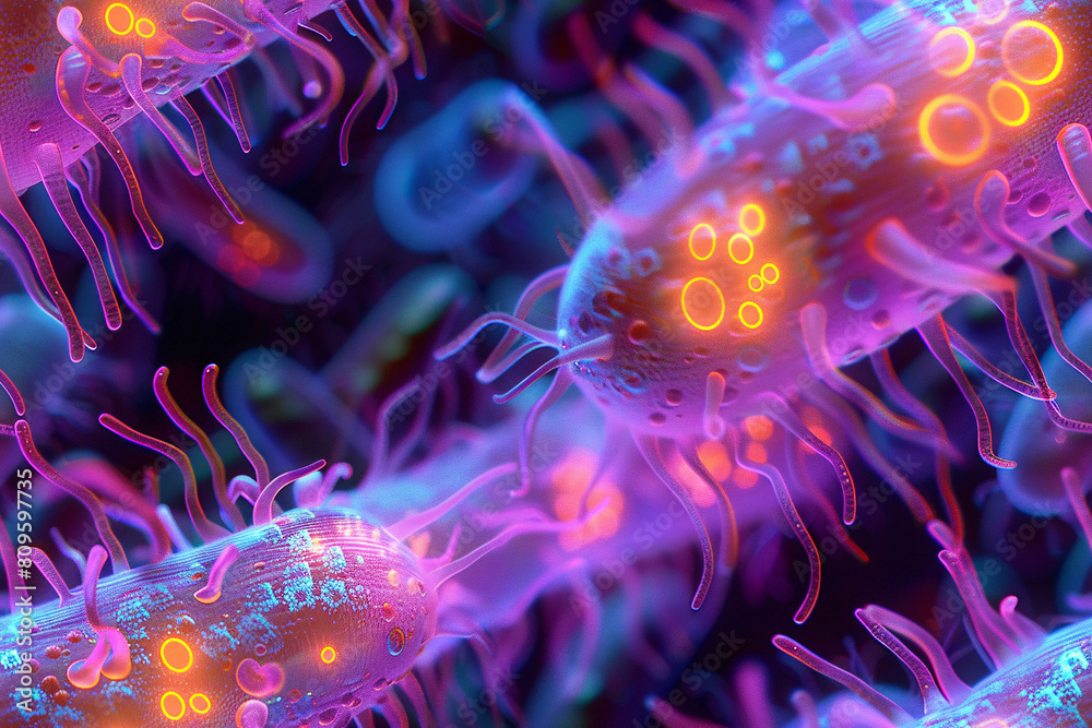 Obraz premium Close-up of bacteria and viruses under microscope, 3d illustration of science concept