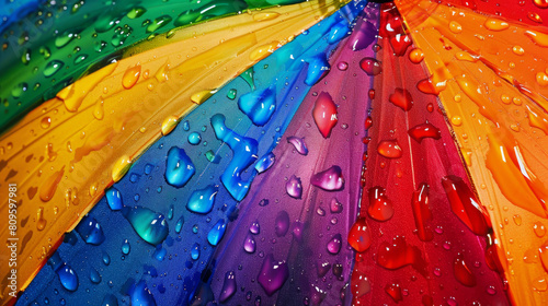Raindrops dance on the rainbow umbrella, painting vibrant streaks across its canvas.