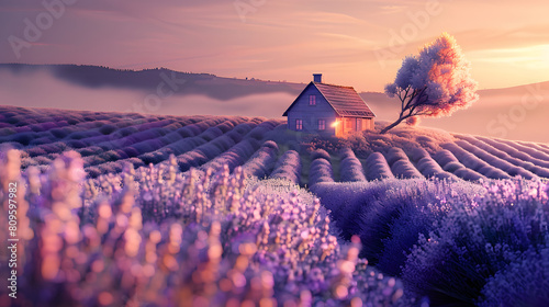 a small house in a lavender field  a beautiful spring landscape  morning in nature lavender flowers