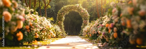 An enchanting floral wedding arch stands in nature, bathed in sunlight, creating a romantic outdoor matrimonial setting photo
