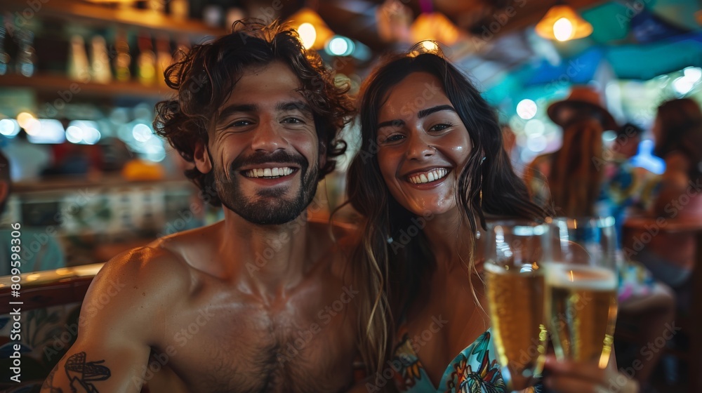 couple cheering with sparkling wine at a vibrant cafe in Rio de Janeiro. couple cheering with sparkling wine at a vibrant cafe in Rio de Janeiro.