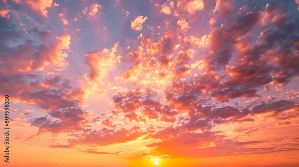 A stunning sunset with vibrant orange, pink, and blue clouds filling the sky, creating a dramatic and awe-inspiring view.