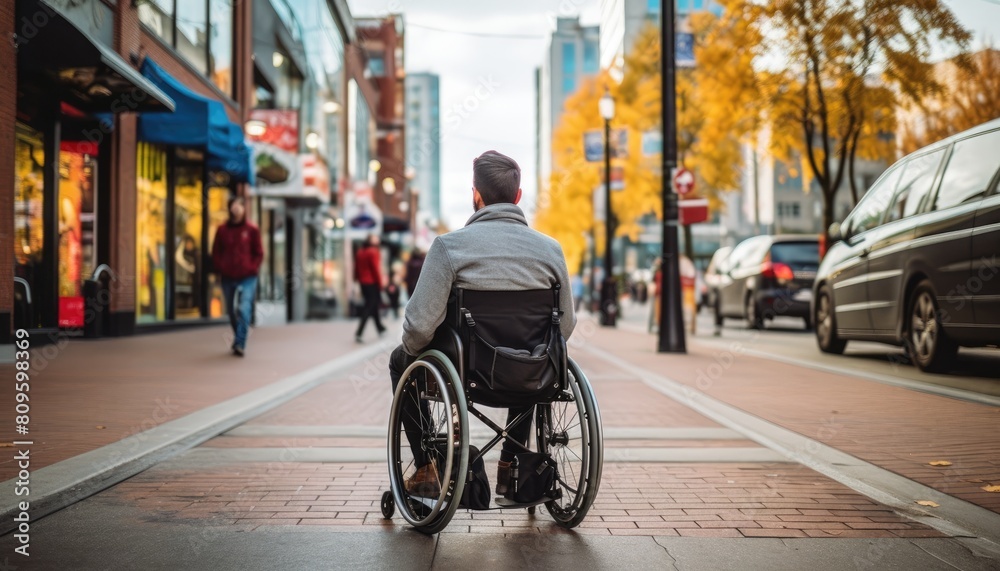 A man in a wheelchair is navigating through a city street