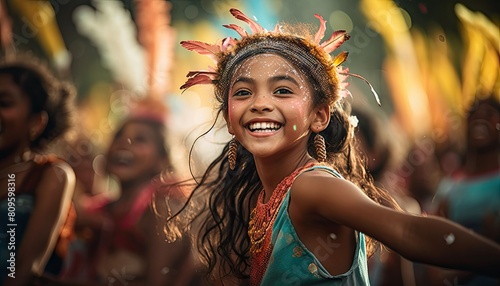 A young girl with dreadlocks smiles while dancing in a cultural festival celebrating ethnic diversity