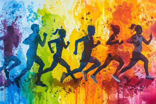 Colorful paint splashes with silhouettes of running athletes