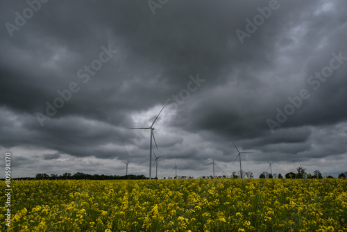 WIND FARM AND FORECAST - Dramatic black rain clouds over windmills
