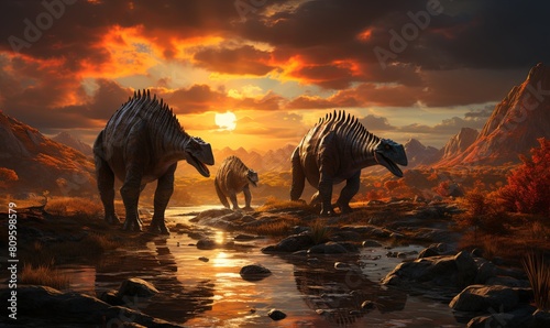 Group of Dinosaurs Crossing River photo