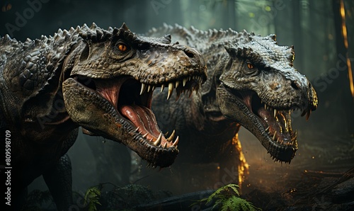Two Dinosaurs Roaring in Forest