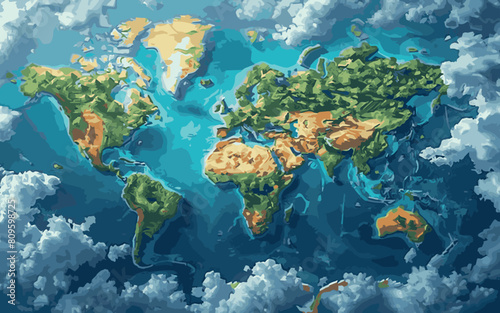 A painting of the world with a blue sky and clouds