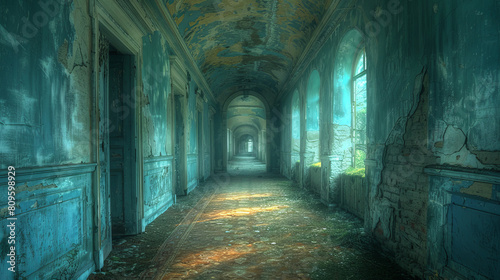 Mysterious abandoned corridor with peeled walls and sunlit windows