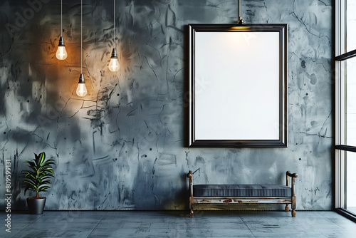 Minimalistic loft interior, painting on a gray wall, mockup photo