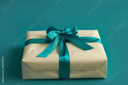 Elegant Gift Wrapped in Cream Paper with a Teal Ribbon on Background  © Mari